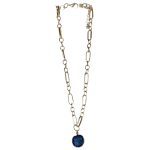 2011243B Reina Blue Gem-Pendant Golden Links Necklace 