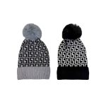 SHHH1453 Geometric Knitted Faux Fur Bobble Hat with Faux Fur Lining (2 Assorted Colours)