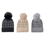 SHH1454 Geometric Knitted Faux Fur Bobble Hat with Faux Fur Lining (3 Assorted Colours)